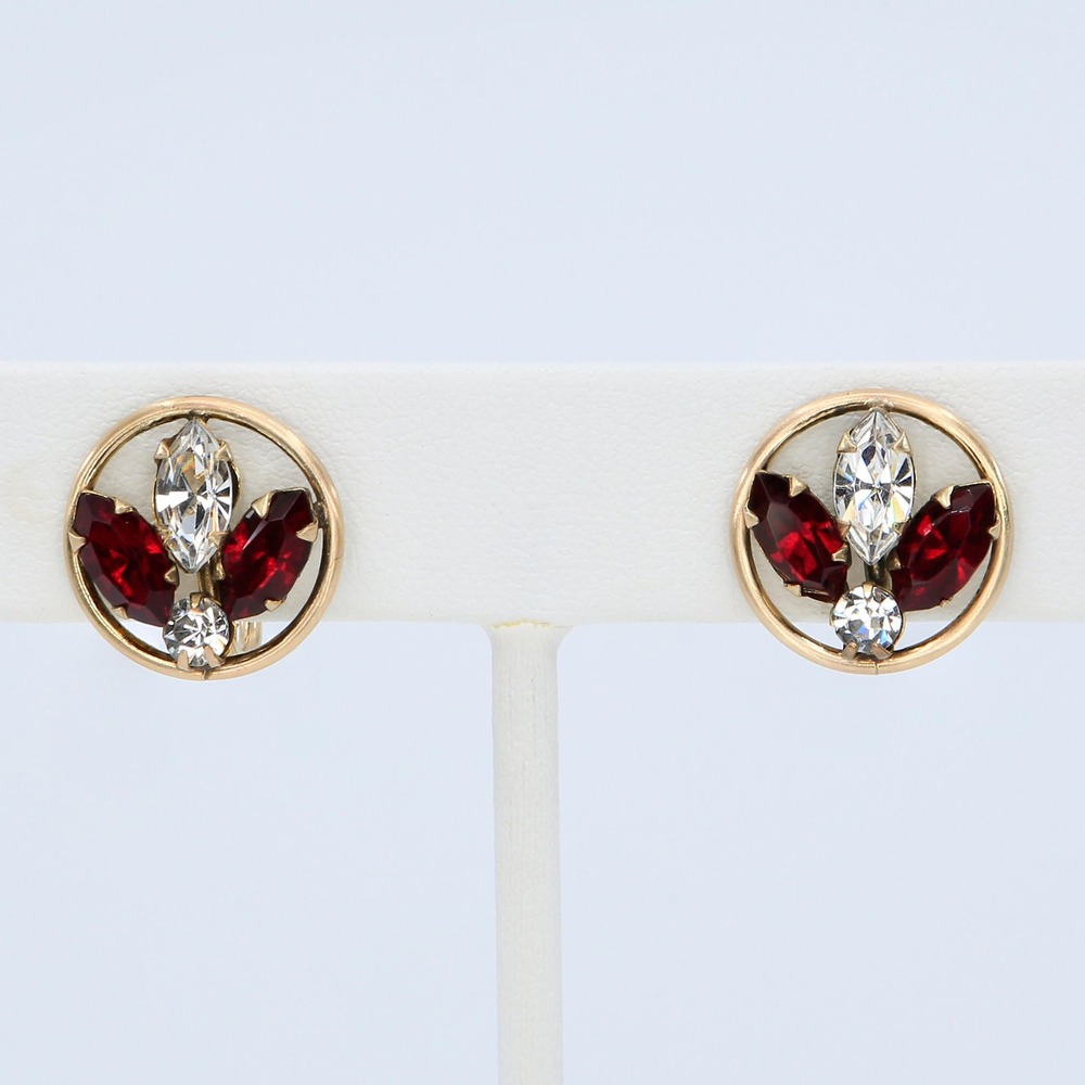 Vintage 12K GF Circle Flower Red & Crystal Rhinestone Screw Back Earrings 1950s